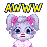 a cartoon rabbit with pink bows on her ears and the word awww behind her
