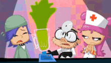 a group of cartoon characters are standing around a blender