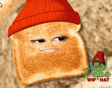 a slice of toast wearing a red hat with pepe wif hat on the bottom