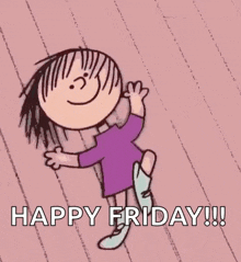 a cartoon girl is jumping in the air with the words `` happy friday '' written below her .