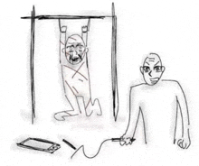 a black and white drawing of a man hanging from a bar and a man holding a cell phone .