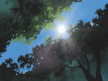 the sun shines brightly through the trees in this painting
