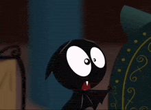 a cartoon character with big eyes is standing next to a blue object with swirls on it