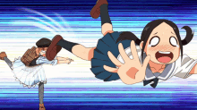 a girl in a school uniform is doing a handstand while another girl looks on