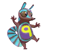 a cartoon squirrel with a purple and blue tail has the number 9 on its belly