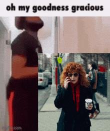 a woman talking on a cell phone next to a man with the words oh my goodness gracious