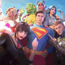 a man in a superman costume is surrounded by other characters