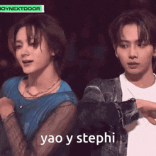 a man and a woman are standing next to each other with the words yao y stephi written on the bottom