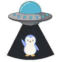 a cartoon of a penguin being abducted by an alien spaceship