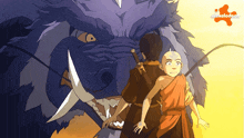 a cartoon of a man and a girl standing next to a monster with nickelodeon written on the bottom right