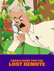 a poster for papa 's hunt for the lost remote shows a man with a magnifying glass