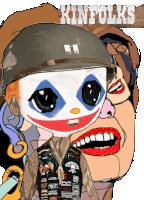 a cartoon drawing of a soldier with a joker face and the word kinfolk on the bottom