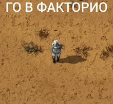 a video game character is walking through a desert with the words " go b faktorio " on the bottom