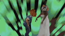 a woman in a white dress with a raccoon head stands next to a man