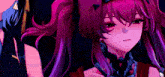 a close up of a girl with pink hair