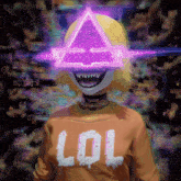 a girl wearing a lol sweater with a pyramid on her head