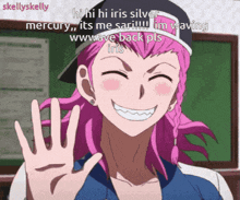 a girl with pink hair is smiling and waving her hand in front of a sign that says skellyskelly on it