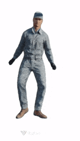 a man in overalls is dancing in front of a white background with a v on it
