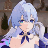 a close up of a anime character with blue eyes