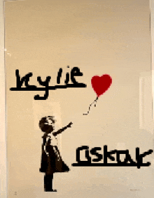 a picture of a girl holding a red heart balloon with the words kylie askuk below