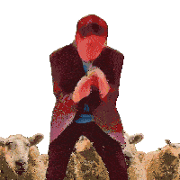 a painting of a man in a suit standing in front of a herd of sheep