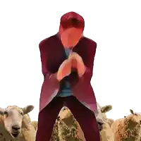 a painting of a man in a suit standing in front of a herd of sheep