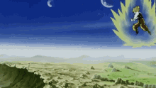 a cartoon character is flying through the air in a field