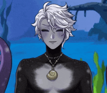 a man with white hair and a necklace with a spiral on it