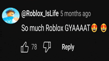 a screenshot of a facebook post that says " so much roblox gyaaat "