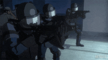a group of soldiers are standing in a room with netflix written on the bottom
