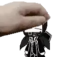 a hand is holding a cartoon character 's head in a pixel art style .