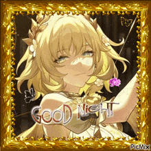 a picture of a girl with flowers in her hair and the words good night on the bottom