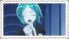 a cartoon girl with blue hair is singing into a microphone in a frame .