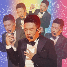 a man in a tuxedo is singing into a microphone while holding a can