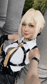 a woman in a costume takes a selfie