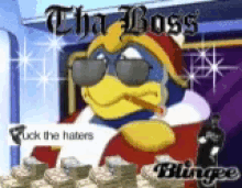 a cartoon character is wearing sunglasses and smoking a cigar and says " tha boss "