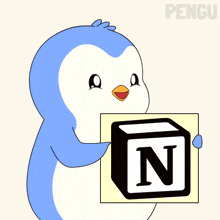a penguin is holding a block with a letter n on it