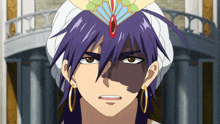 a man with purple hair wearing a turban and earrings