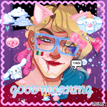 a pixel art of a man with glasses and a cat ear and the words good morning on the bottom
