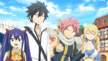 a group of anime characters standing in front of a brick building