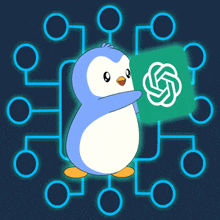 a penguin is holding a green circle with a white flower on it