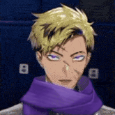a man with blonde hair and purple eyes wearing a purple scarf