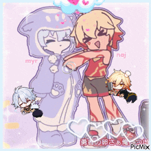 a cartoon drawing of a boy and a girl with the word myr in the upper left corner