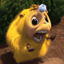 a cartoon character with a blue flower on its head