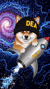 a dog wearing a dea hat is riding a rocket through space