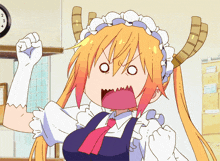 a cartoon drawing of a girl with horns and a clock behind her