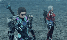 a man wearing heart shaped sunglasses is standing next to a woman in a red outfit