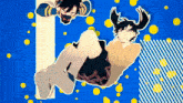 two anime characters are laying on a blue and white striped surface