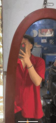a man in a red shirt is taking a picture of himself in the mirror