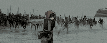 a black and white drawing of a person wearing sunglasses standing in front of a large army .